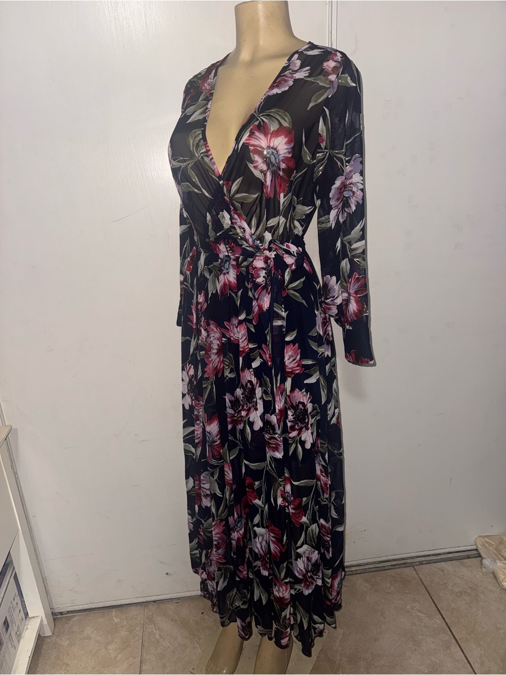 Black Floral Wrap Maxi Dress with Pink Blooms and Tie Waist - Picture 5 of 10